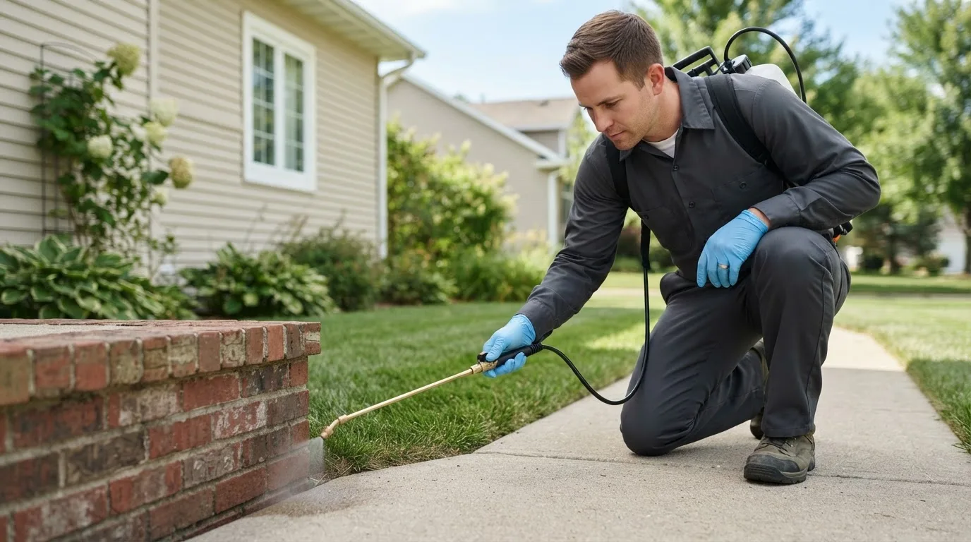 Pest control technician treating a home near Mendon, UT